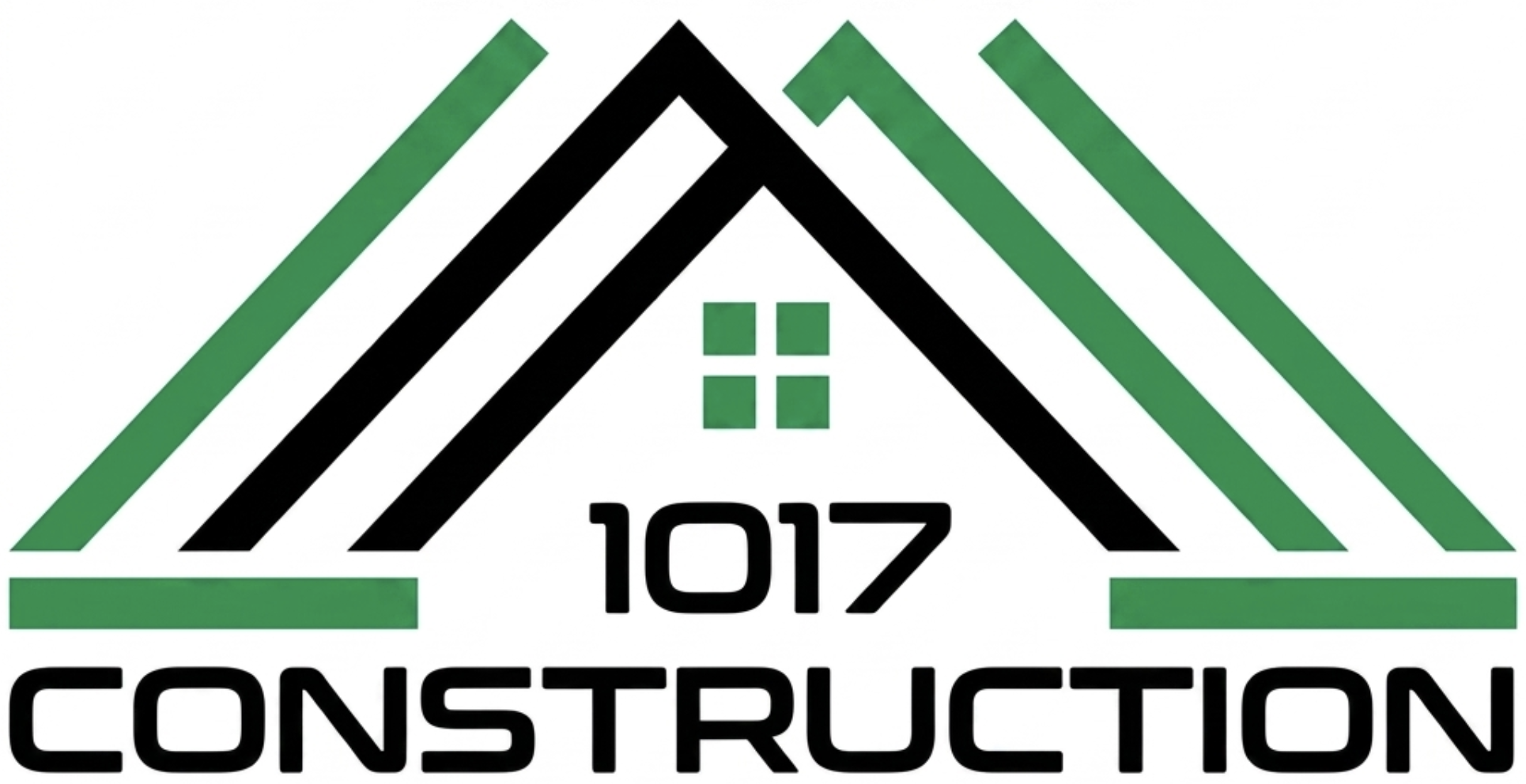 A logo with a black and green triangular roof shape, a small square window below, and the text 1017 CONSTRUCTION beneath the design.
